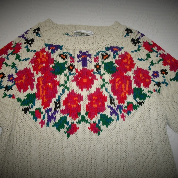 Vintage IVY Hand Knit Floral Chunky Sweater SZ S M - Picture 3 of 5